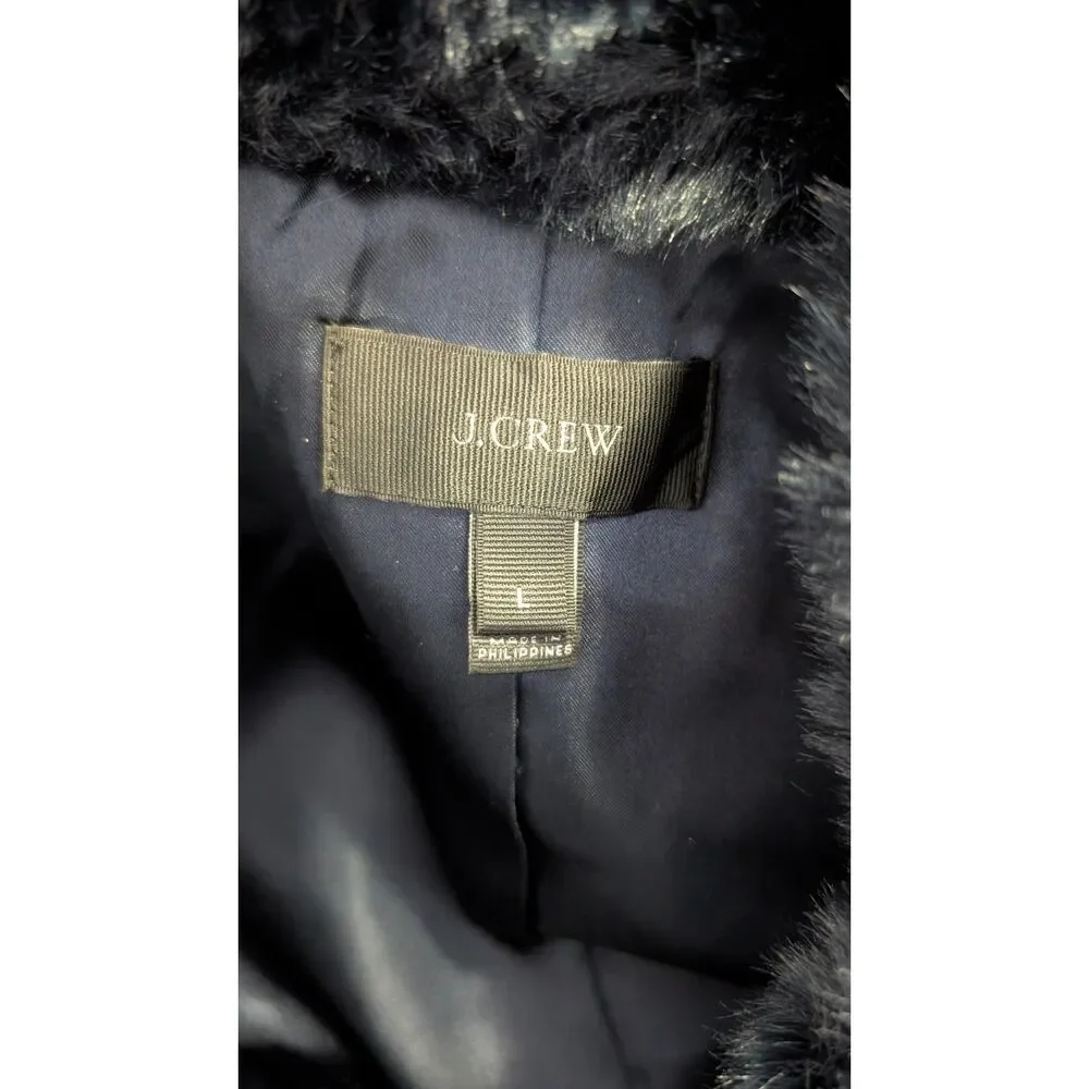 J.Crew Navy Faux Fur Zip Vest Size Large Après Ski Quiet Luxury Old Money Cozy